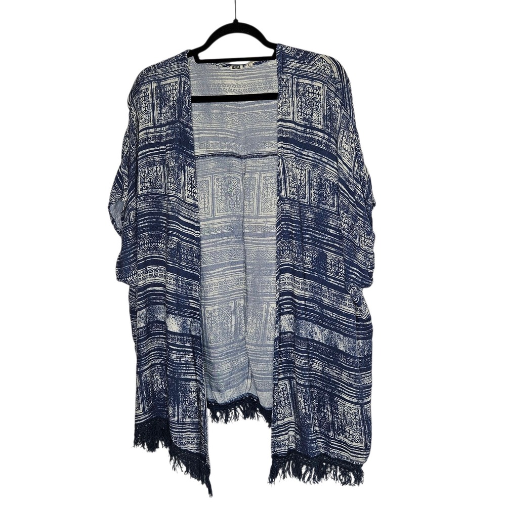 Roxy Kimono Cover Up Blue White Fringe OS Beachy Travel Tropical Surfer River
